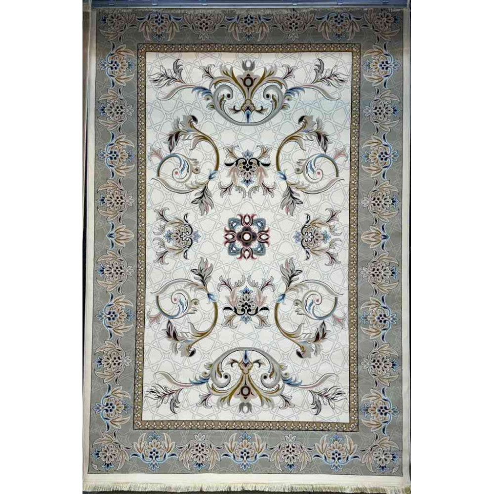 سجاد إيراني درجة أولى سجاد فاخر مصنوع بدقة عالية من أفضل أنواع الصوف والحريرنقشه ملكي الون كريم رصاصي مقاس 400*600