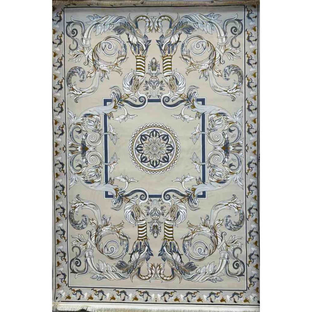 سجاد إيراني درجة أولى سجاد فاخر مصنوع بدقة عالية من أفضل أنواع الصوف والحريرنقشه ملكي2 الون بيج رصاصي مقاس 300*500