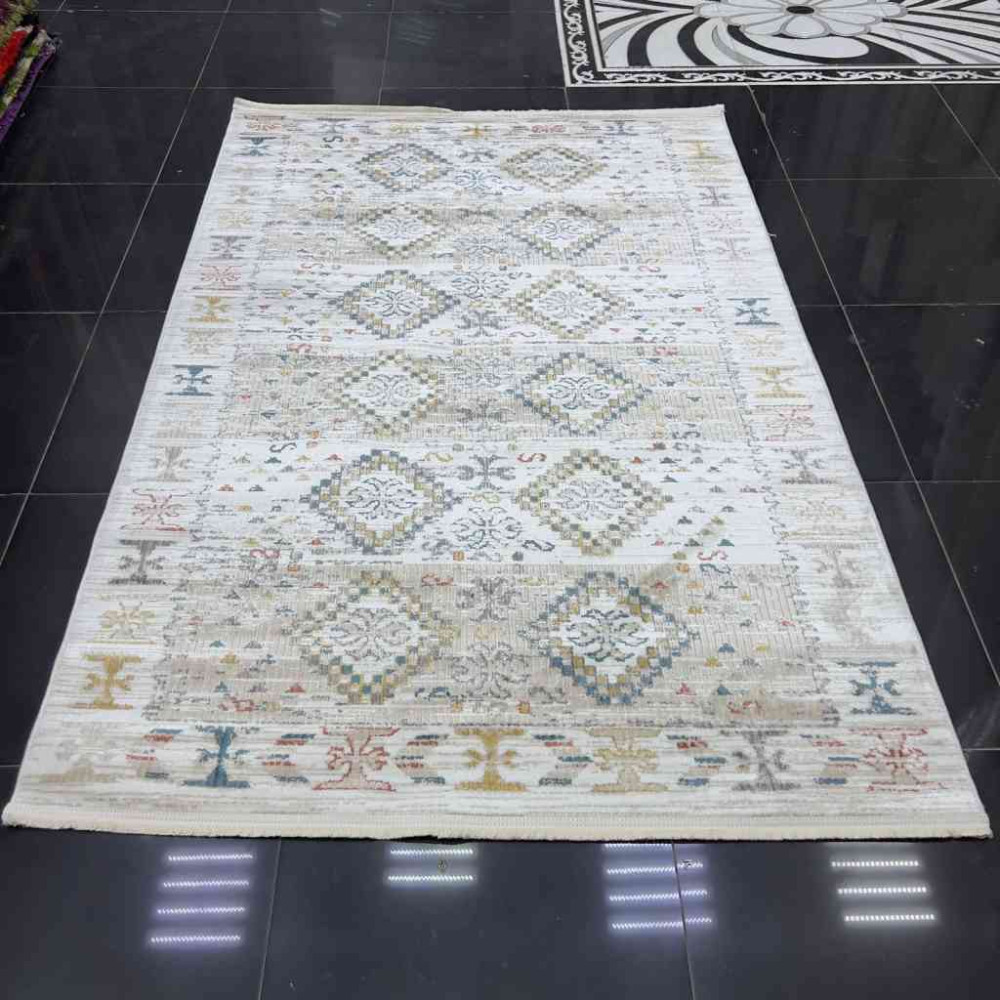 سجاد بوهيمي تركي فينتج B0024C لون ابيض بيج مقاس 250*350