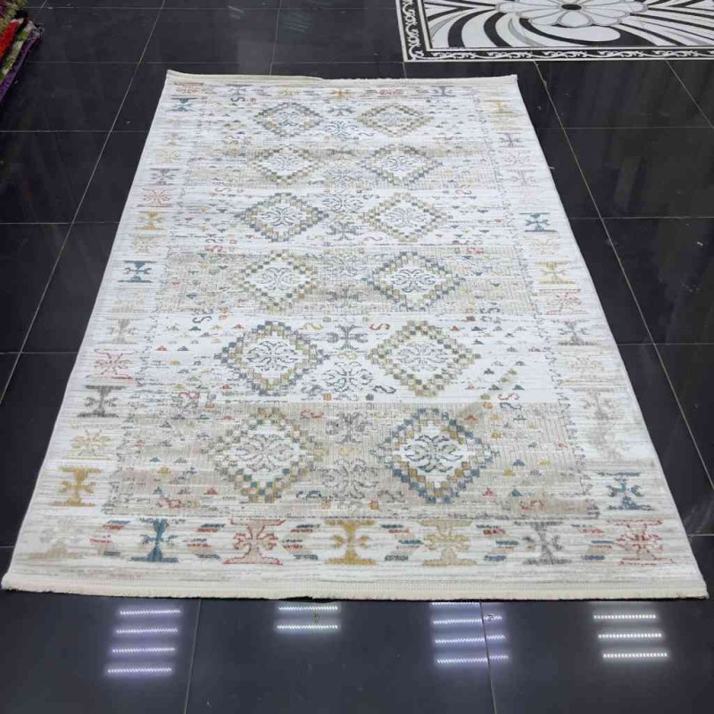 سجاد بوهيمي تركي فينتج B0024C لون ابيض بيج مقاس 250*350